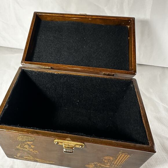 Vintage 60's Purse Wood Box Girl & Cat Handbag Brown Brass Closure Lucite Handle - Picture 10 of 16